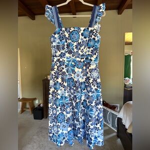 Tahari ASL Printed Peek-A-Boo-Back Fit & Flare Dress in Blue Floral Print.